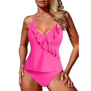 Aleumdr Two Piece Tankini Swimsuit for Women Tummy Control Bathing Suits Ruffled Top with Bikini Bottoms Swim Suits for Women 2024 Swimwear Hot Pink X-Large