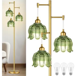 Vintage Floor Lamps for Living Room Bedroom-3 Light Glass Floor Lamp with Three Led Bulb, Flower Tall Floor Lamp Gold Mid Century Modern Standing Lamp Tree Floor Lamps for Living Room Bedroom Corner (4.25inch)