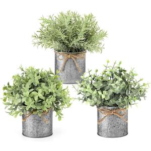 Mkono Small Fake Plants in Farmhouse Galvanized Metal Pots 3 Pack Potted Artificial Plant Eucalyptus for Laundry Room Bathroom Shelf Table Decor (Grey)