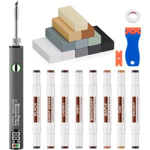 Laminate Vinyl Wood Floor Scratch Repair Kit with Heat Pen - 11 Colors Grey Hardwood Wax Sticks & 8 Colors Dual Tip Furniture Markers Touch up, Linoleum Restoration Wax Melting Tool Set