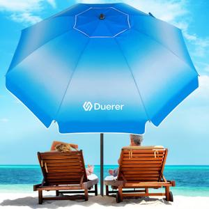 Duerer 8.5FT Beach Umbrella for Sand with Anchor, Heavy Duty Windproof, Height Adjustable Tilt, Iron Pole, Portable with Carrying Bag for Beach, Patio, Garden Outdoor (1-Blue Gradient)