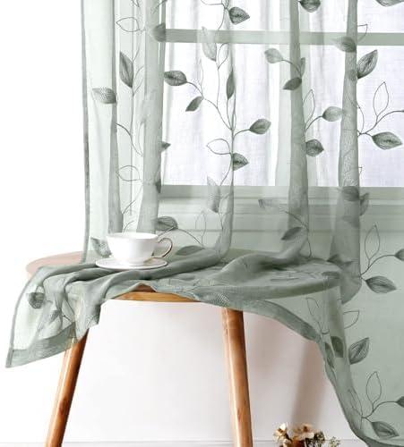 Lecloud Sage Green Sheer Curtains 38x45Inches Length S2 Panels Embroidered Leaf Pattern Pocket Faux Linen Floral Semi Sheer Voile Window Curtains/Drapes for Bedroom Living Room