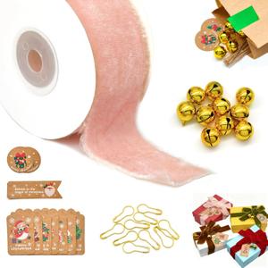 2 x 3 Yd x 1.5 Inch Vintage Frayed Edge Velvet Ribbon, Thick Ribbons with 10 Pcs Golden Bells & Pins & Ropes & Card, for Christmas Tree, Decor, Wreath, Ornaments, Gift Wrapping (Light Pink)