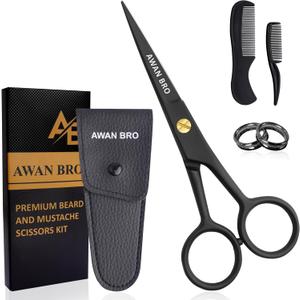 5" Professional Beard & Mustache Scissors Set with Beard Comb & Mustache Comb  Precision Grooming Beard Scissors for All type of Facial Hair, Perfect Beard Hair Scissors Kit with Travel Pouch