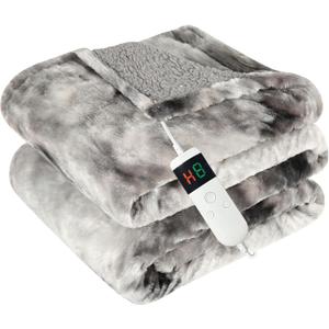 Electric Heated Blanket Twin 62''x84''Size Faux Fur Heating Blanket 10 Heating Settings, 1-8h Timer & Overheat Protection, Machine Washable, Soft Flannel and Sherpa Full Body Warmth (Light Gray)