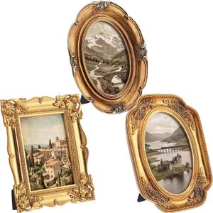 Lineshading 3 Pcs Vintage Gold Photo Frame 4x6, Baroque Ornate Resin Picture Frames Set with Glass Front, 3 Styles for Table Top Display and Wall Hanging Hotel Home Wedding Photography Prop (Classic)