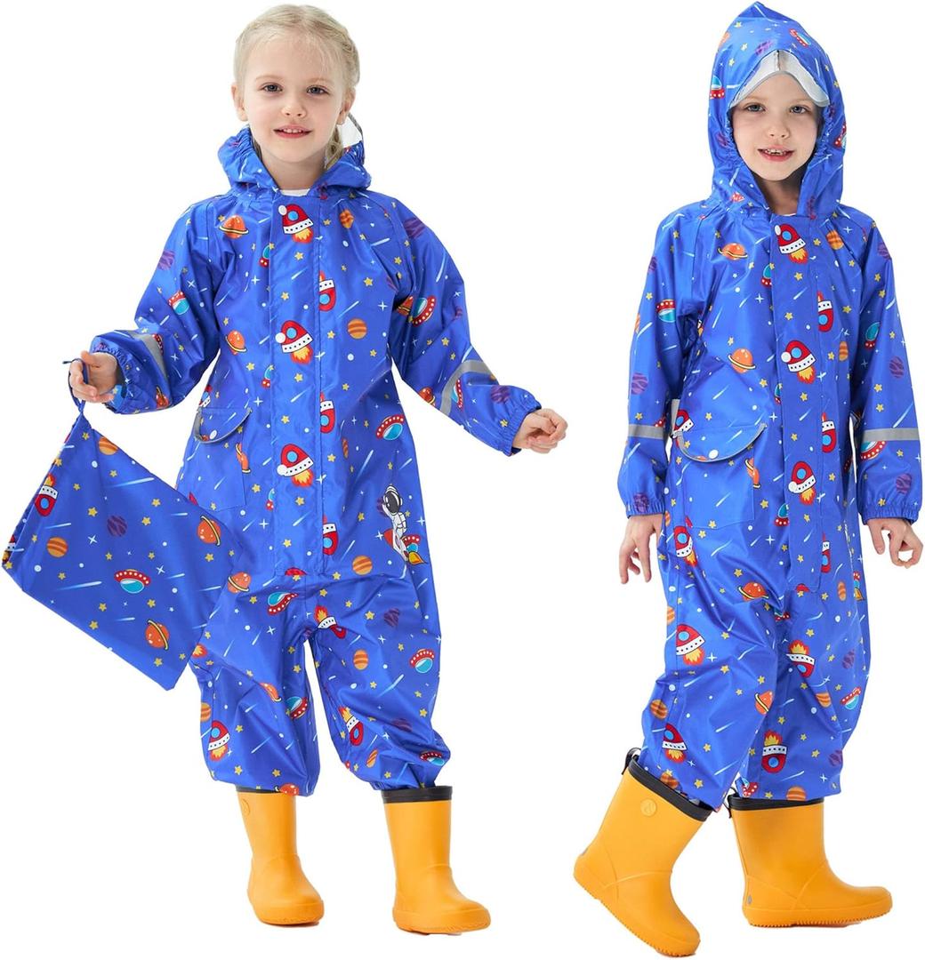 Kids Toddler Rain Suit for Boys Girls One Piece Hoodie Zipper Cartoon Waterproof Coverall Rain Jacket 1-10 Years (7-9 Years, Blue)