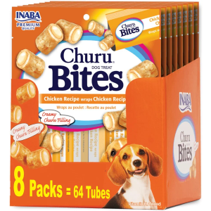 INABA Churu Bites for Dogs, Grain-Free, Soft/Chewy Baked Chicken Wrapped Churu Filled Dog Treats with Vitamin E, 0.42 Ounces Each Tube|64 Tubes Total (Pack of 8), Chicken Recipe Exp. 04/02/2026