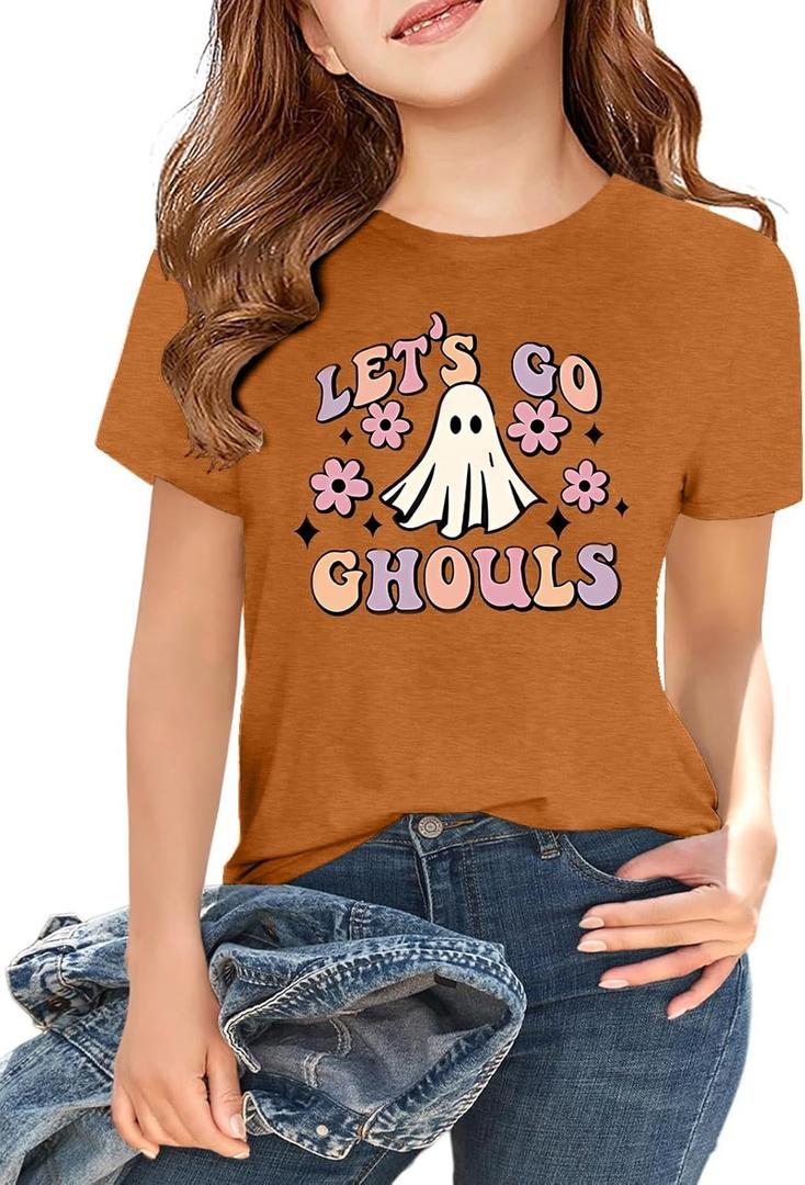 Halloween Shirts for Girls Boys Toddler Retro Spooky Short Sleeve Shirt Cute Ghost Graphic Tshirts 1-7 Years (3-4T, Brown)