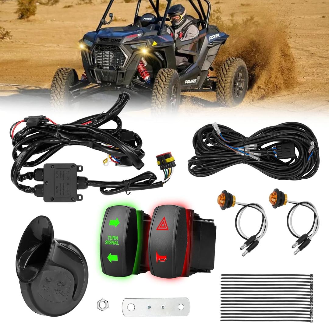 Pre-wired UTV ATV Turn Signal Kit, Universal Street Legal Kit with Horn/Hazard/Blinker Rocker Switch, Plug-and-play Design, Compatible with Polaris RZR, Can-Am, Kawasaki, Pioneer, CFMOTO