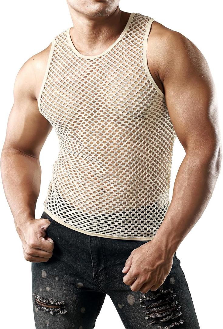 JOGAL Men's Mesh Fishnet Fitted Sleeveless Muscle Top (XX-Large, Beige)