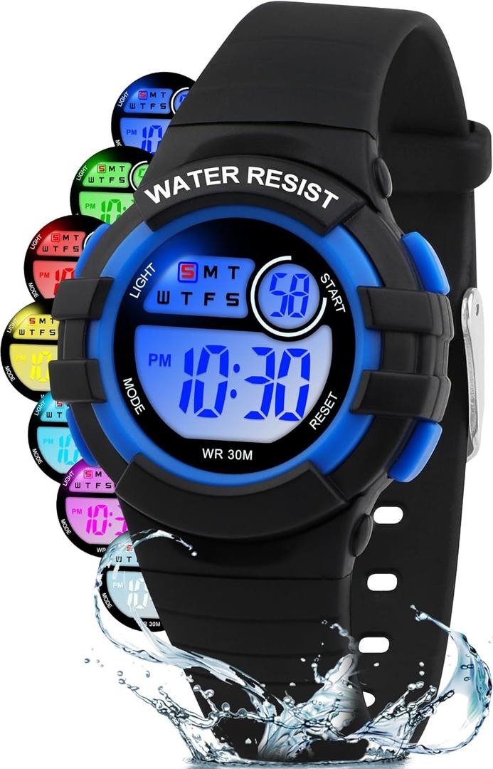 Juboos Kid's Digital Watch for Boys and Girls, Waterproof LCD Digital Sports Kids Watch with 7 Color LED Lights, Stopwatch, Alarm (Pitch black)