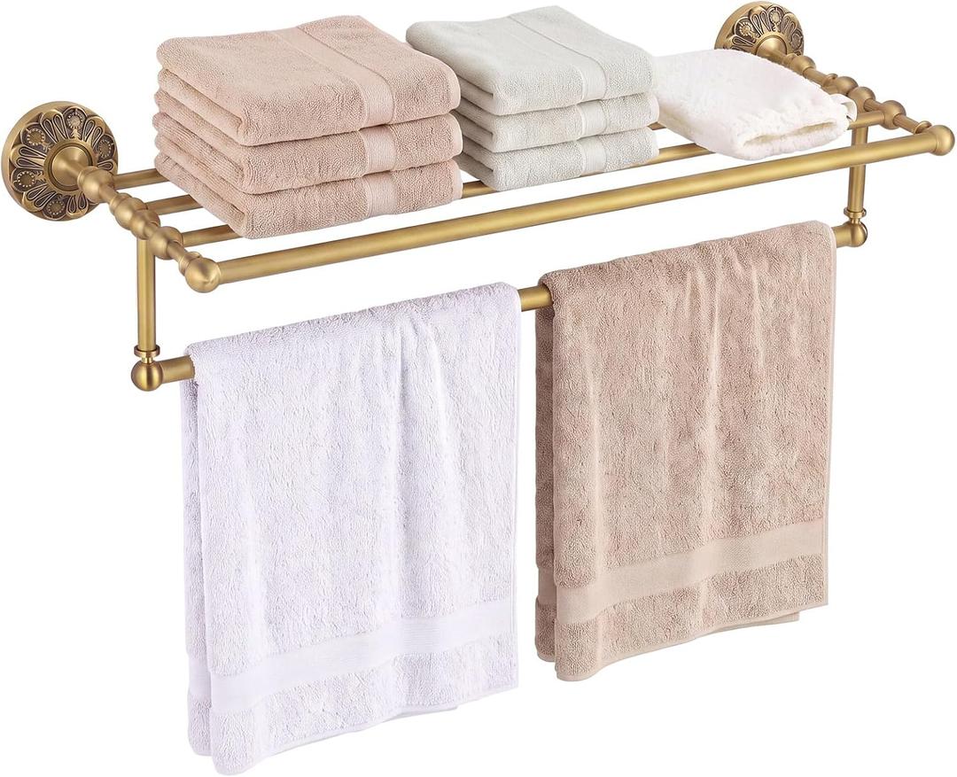 24" 2-Tier Flower Style Brass Foldable Towel Rack with Hooks, measures 24'' long by 10.2'' deep, 24.8"L x 9.84"W x 2.95"H