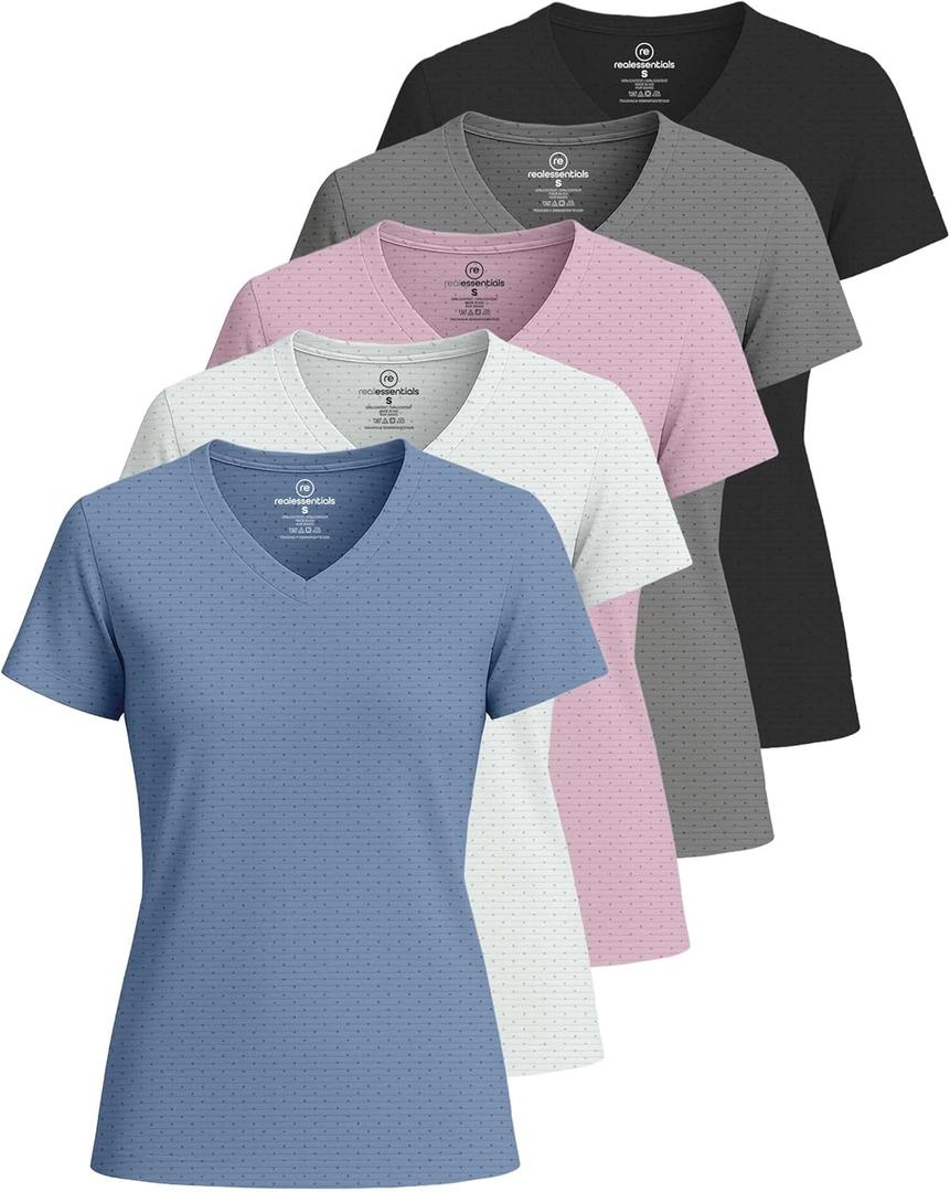 Real Essentials 5 Pack: Women's Short Sleeve Breeze Tech V-Neck T Shirt Workout Top Wicking Dry Fit Athletic Tee (Plus) XS
