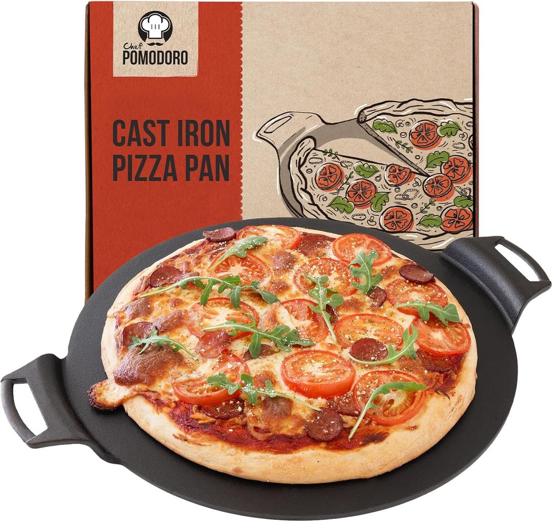 Chef Pomodoro Cast Iron Pizza Pan, Pre-Seasoned Dosa Pan with Handles, Flat Pan for Oven, Round Griddle for Dosa Tawa Roti, Comal for Tortillas, Baking Stove, Oven, Grill BBQ and Campfire (15-inch)
