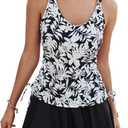 Kate Kasin Women's Tankini Swimsuits Tummy Control Two Piece V Neck Ruched Bathing Suits with Skirts Beach Swim Dress (Medium, Black Floral)
