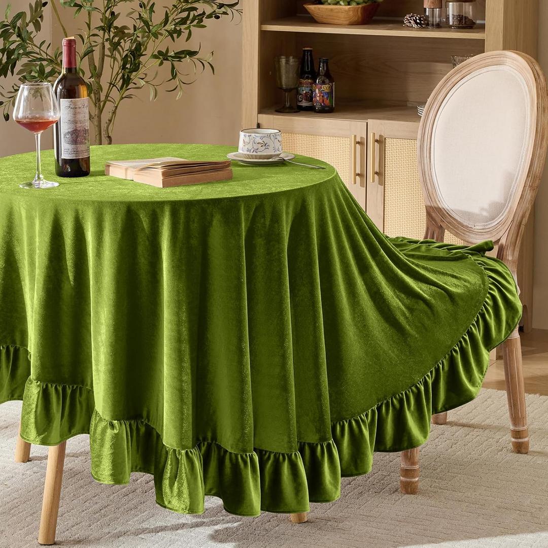 KKJIAF Olive Green Velvet Round Tablecloth 70 inch, Retro Farmhouse Ruffle Round Table Cloth Washable Table Cover for Wedding Buffet Parties Baby Shower Kitchen Decoration