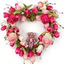 18 Inches Valentines Wreaths for Front Door Romantic Valentine Heart Wreath with Red White Pink Tulip Rose Valentine Flower Wreath for Window Wall Porch Indoor Outdoor Hanging