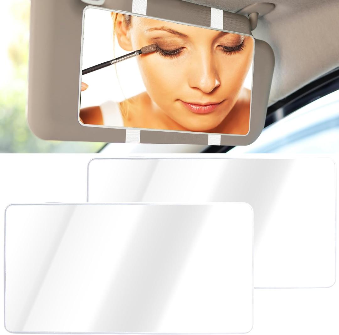 2 PCS Car Sun Visor Mirror, Cosmetic Makeup Mirrors with Straps, HD Car Interior Cosmetic Mirror, Universal Sun Visor Mirrors for Trucks, Cars, SUVs (White)