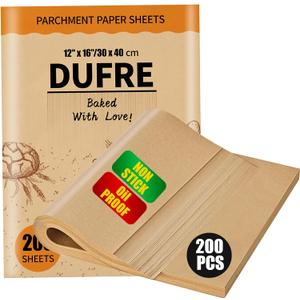 Dufre 200 Pcs Parchment Paper Sheets,12x16INCH Heavy Duty No-Stick No-Leak Unbleached Baking Paper Pre-cut for Air Fryer, Bakeware, Half Sheet Pans, Grilling, Oil-proof Parchment Sheets