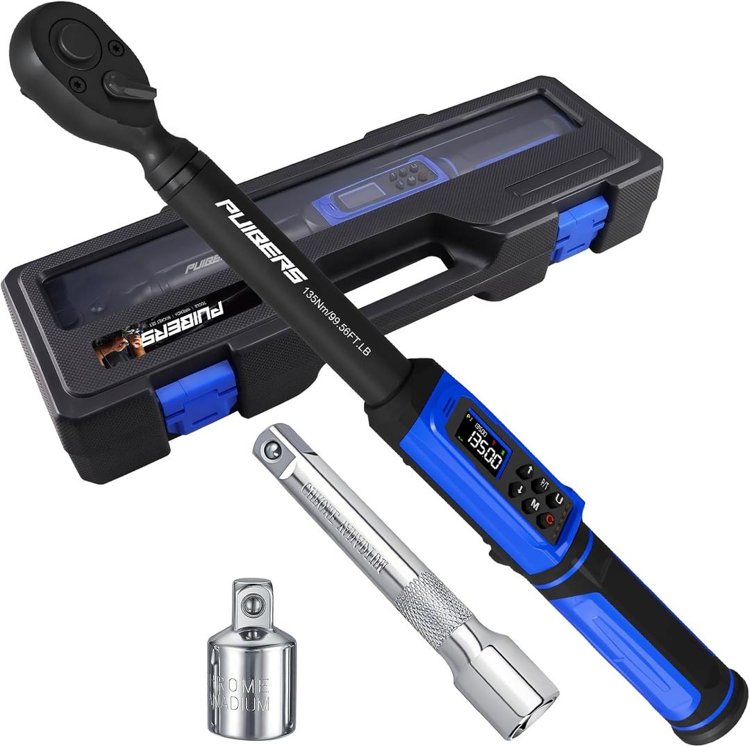 1/2" Digital Torque Wrench 1.5-99.56 Ft-lb (2-135 Nm) with 3/8" Adapter, Electronic Inch Pound Torque Wrench 3/8", 5 Units 1% Accuracy with Buzzer & LED Alerts for Car Bike Moto