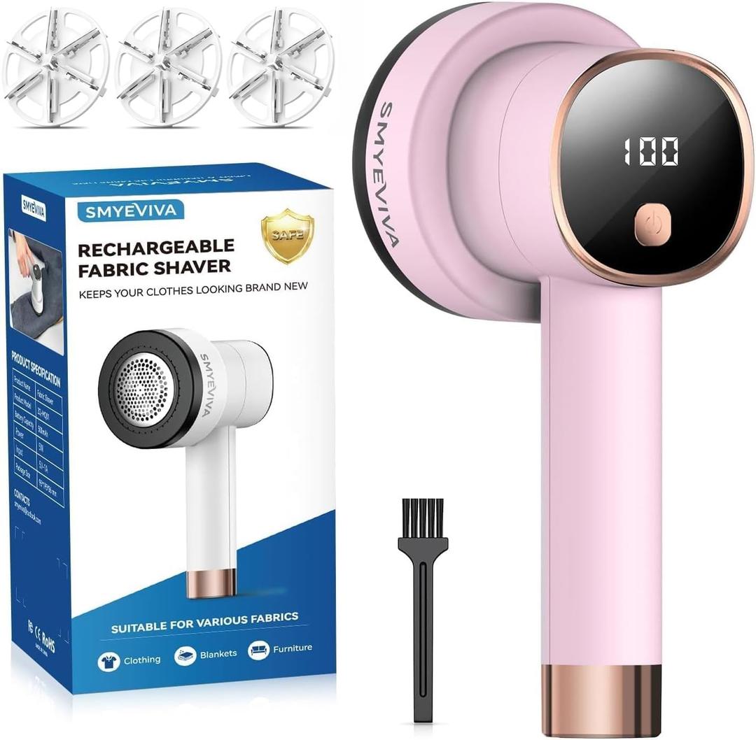 Rechargeable Fabric Shaver for Clothes: 6-Leaf Blades & 3 Speeds to Remove Pilling, Fuzz & Lint Balls - with LED Display, Portable Electric Lint Remover for Sweater, Couch, Blanket, Furniture (Pink)
