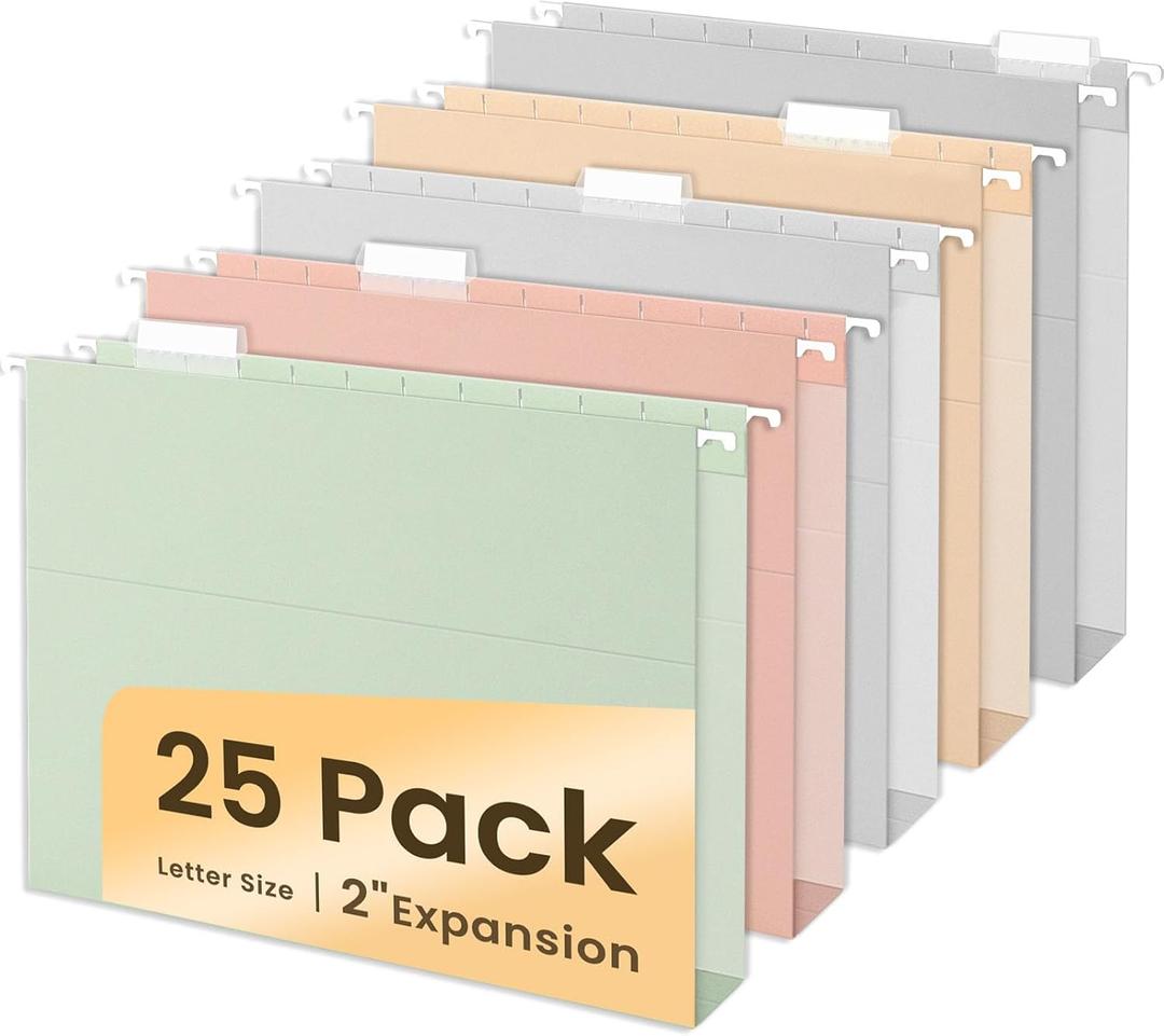 SUNEE Hanging File Folders Letter Size, Pastel Colors, 25 Count Letter Size File Folders with 1/5-cut Tabs, Heavy Duty 2 Inch Expansion, Stay Organized for Your Home and Office Bulk File