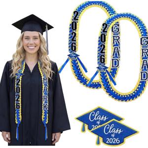 2 Pcs Graduation Lei Class of 2026 Handmade Grad Ribbon Lei DIY Name Braided Necklace Congrats Graduates Money Leis Graduation Gift High School Grad Party Supplies for Women Men