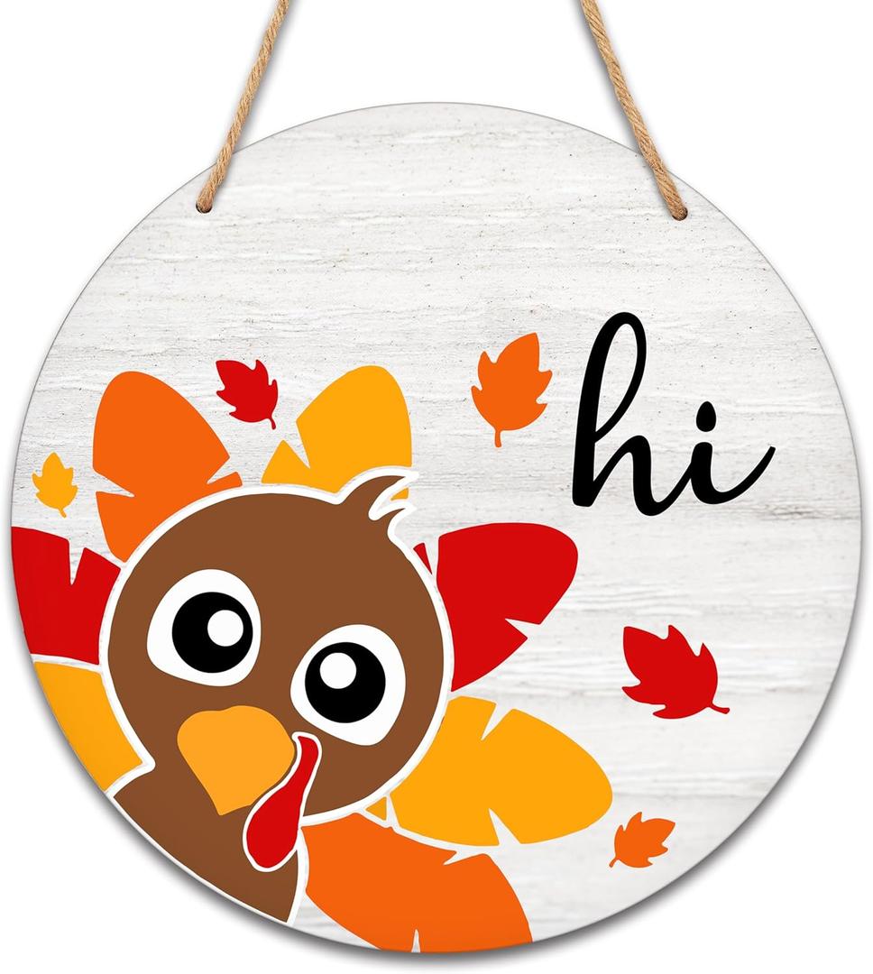 Thanksgiving Wooden Sign for Front Door Decor, Thanksgiving Gifts for Women Men, Fall Door Decorations Wall Art, 8" Round Plaque Hanging Door Sign for Home Party Supplies - A07