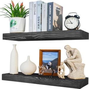 Rustic Floating Shelves 24 inch Long 8 inch deep Set of 2, Solid Wood Wall Shelves for Bedroom Living Room Kitchen, Wall Mounted Shelves with Hidden Bracket- Black