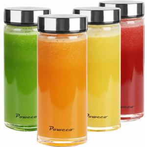 Glass Juice Bottles 4 Pack 16 oz - Wide Mouth Glass Water Bottles with Lids - for Juicing, Protein, Smoothie, Milk, Reusable, BPA Free, Stainless Steel Lids, Blender, Shaker Bottle (500ml)