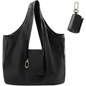 Foldable Keychain Tote Bag for Women,Reusable Mini Travel Grocery Bags with Key Ring,Waterproof Packable Handbag for Daily (Black)