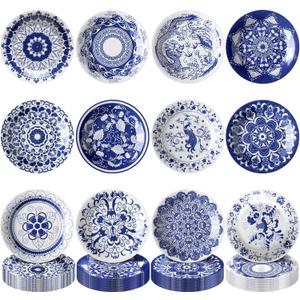 Nitial 120 Pcs Blue and White Flower Paper Plates Disposable Blue and White Decorative Dinner Plates Chinoiserie Dessert tableware for Wedding Birthday Tea(Round)