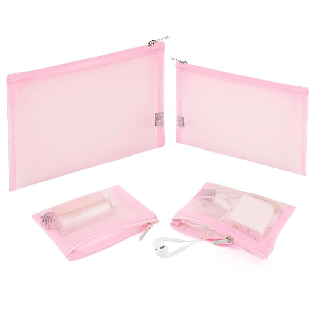 EASYFUN Mesh Pouch, Make up Bag with Zipper Cosmetic Organizer Pouch for Daily or Travel to Keep Small Items, Pack of 3, Pink
