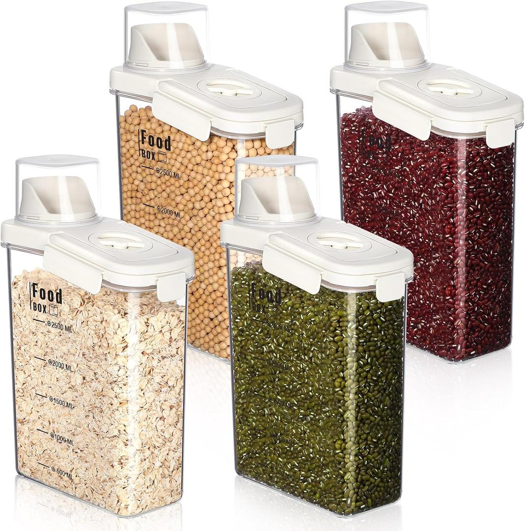 Blushtier 4 PCS Cereal Containers Storage 2.5L Airtight Large Dry Food Containers with Pouring Spout Cereal Storage Dispenser Measuring Cup for Flour and Baking Supplies, White