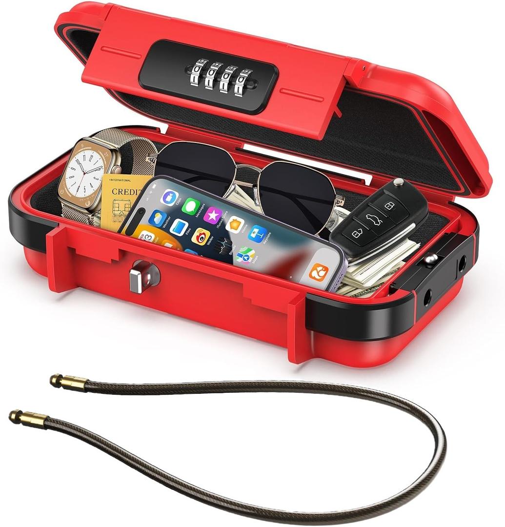 LOFICOPER Travel Safe Lock Box, Waterproof Beach Lock Box, Anti-Theft Personal Security Case with 4 Digit Resetable Code, Removable Chain, Portable Safe for Travel, Home, Office, Keys, Cash, Red