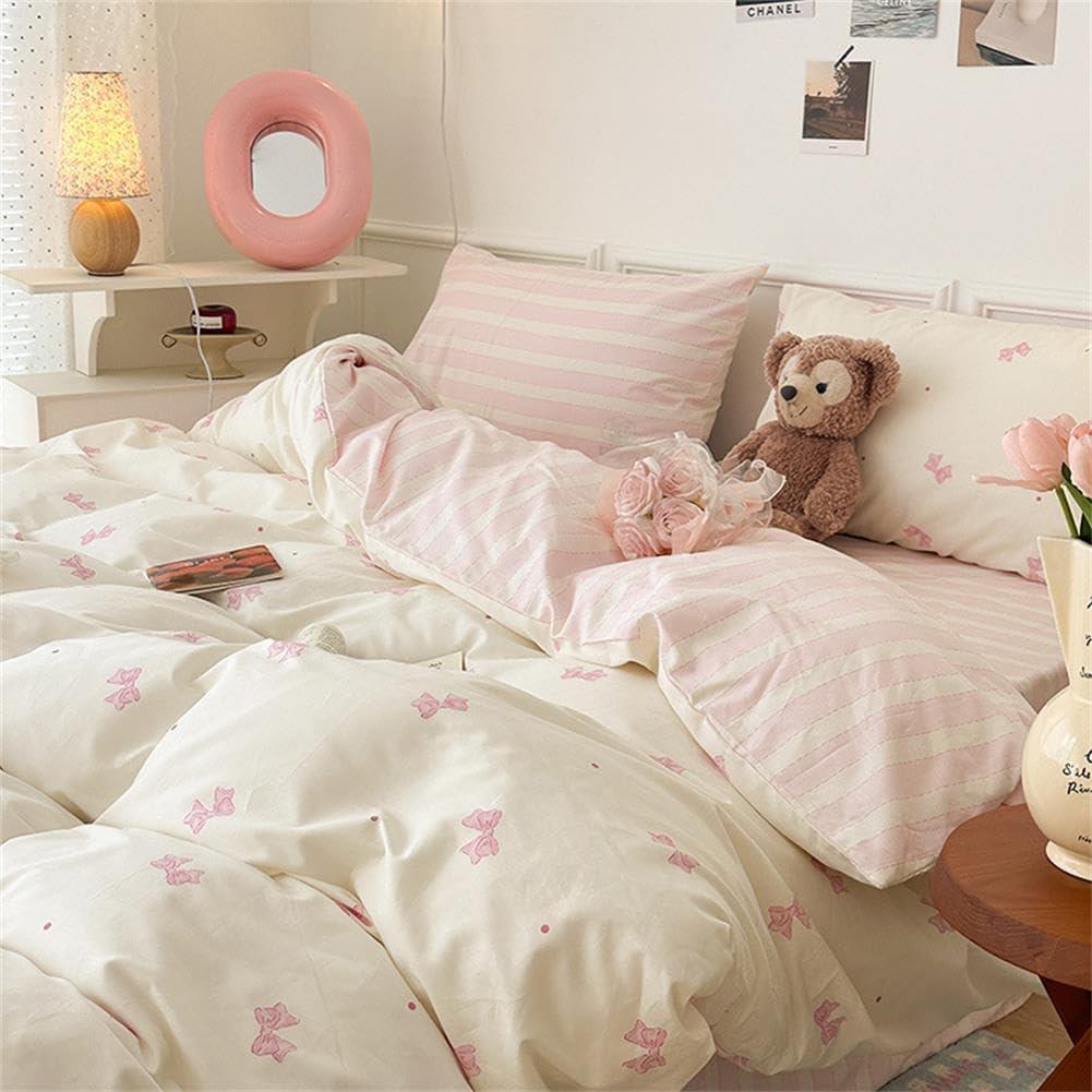 Sedefen Striped Duvet Cover Twin Size Pink Stripes Bow Bedding Set 3 Pcs Cotton Princess Style Cute Bowknot Dot Reversible Comforter Cover for Kids Boys Girls with Zipper Closure and 2 Pillowcases (Twin(66"x90"))