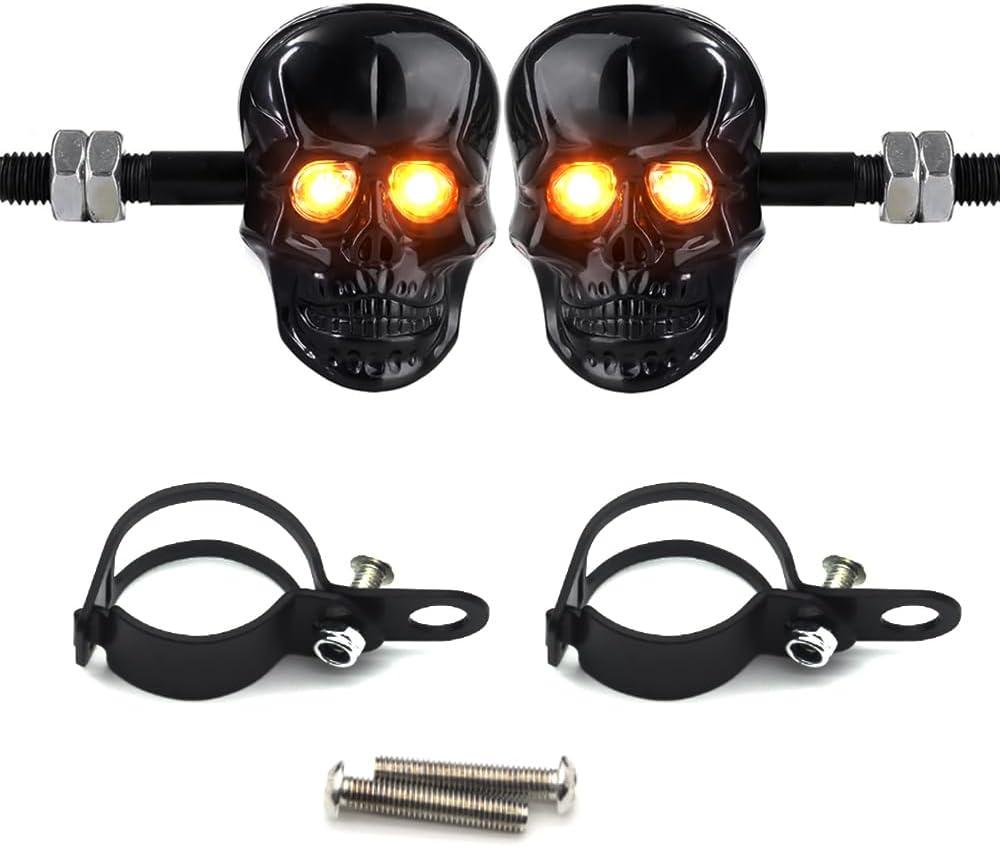 kucehiup Skull Head LED Amber Turn Signal Motorcycle Turn Signals 10mm Screw Blinkers Indicator Light Universal(Black)