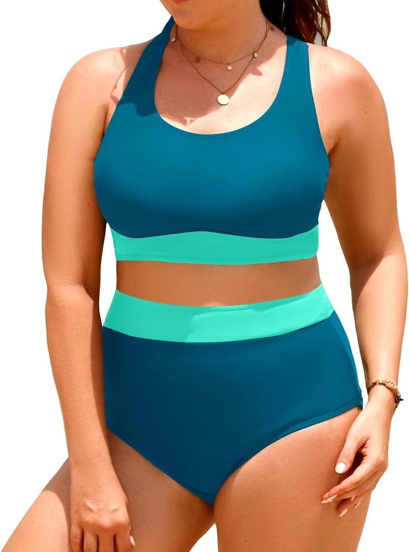 Aqua Eve Plus Size Two Piece High Waisted Bikini Swimsuits Scoop Neck Bikini Set Sporty Bathing Suits (Teal and Green, 14 Plus)