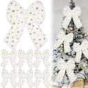 Janinka 6 Pcs Large White Christmas Bow Ornaments with Gold Snowflake Decor 13.4x9.1 Inch Big Plush Faux Fur Bow Decorations Furry Xmas Tree Topper for Wreath Door Window Fireplace Staircase Decor