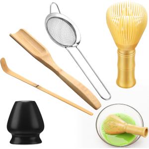 5 Pcs Tea Matcha Whisk Set Traditional Resin Whisk Kit, Chasen Holder, Sifter, Bamboo Scoop, Teas Spoon, Cleaning Brush, Japanese Matcha Making Tools Ceremony Spring Cha Gift for Women