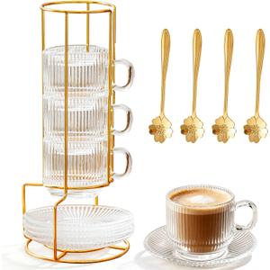 5.4 oz Espresso Cups Set of 4,Clear Glass Coffee Cups with Saucers Spoons and Cup holder,Stackable Small Cup for Espresso,Latte,Cappuccino,Tea