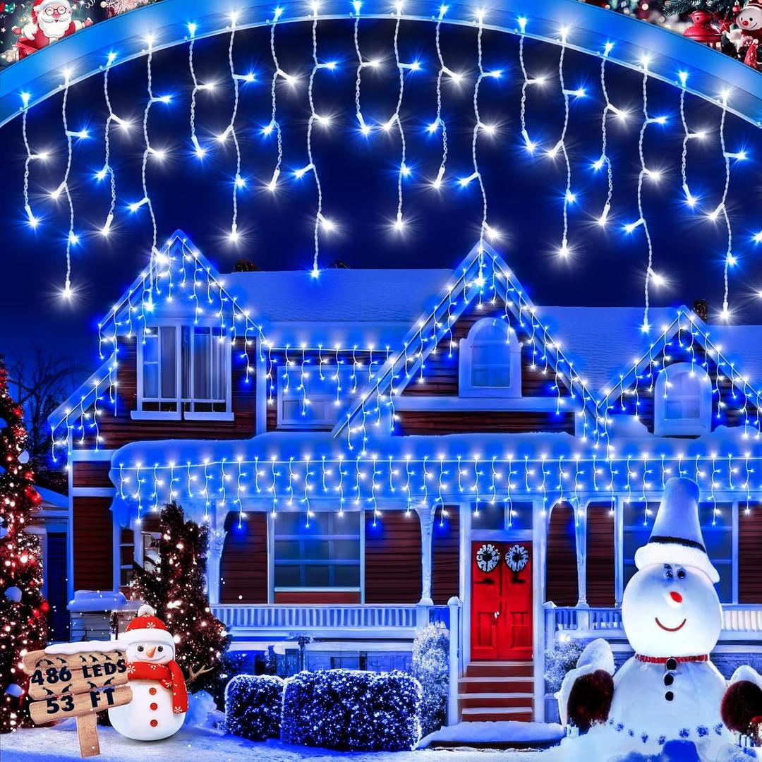 Christmas Lights Outdoor, 53 FT 486 LED Christmas Lights for Outside, Timer & Memory, Plug in 8 Modes Hanging Fairy Lights with 108 Drops for House Eaves Yard Patio Holidays Decorations Blue and White