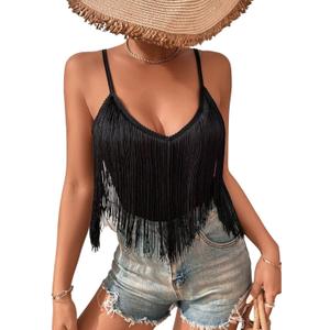 Womens Western Cowgirl Fringe Top - Country Concert Outfits Festival Tassel Hem Boho Rodeo Camisole Rave Tank Shirt (Small, Black)