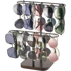 Mkono Sunglasses Organizer Glasses Holder Stand for 24 Pairs of Eyewear, 2 Tier Sunglass Storage Eyeglasses Display Rack Metal Frame with Wood Base for Table Desk Countertop Dresser Bedroom, Black