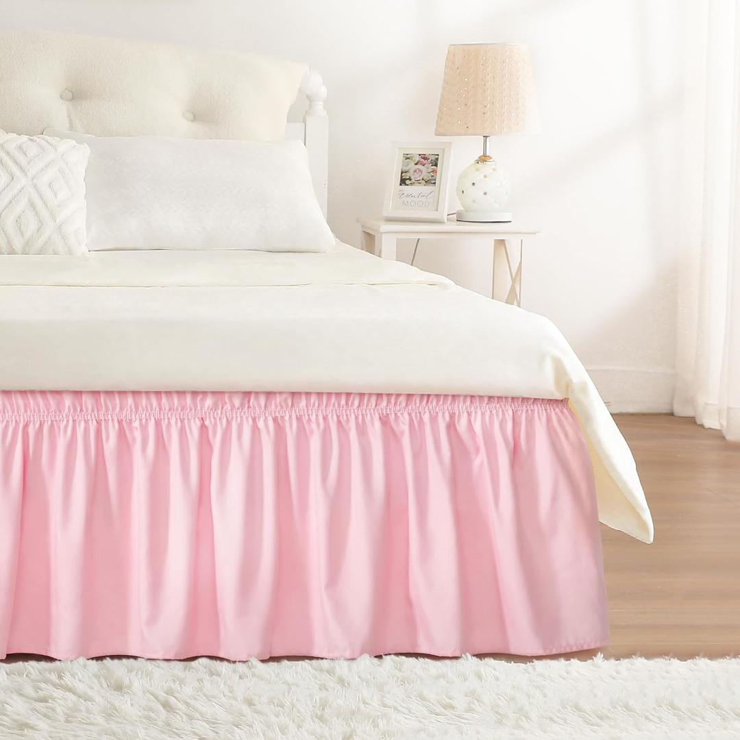 RIMELA Pink Bed Skirt Twin Size 15 Inch Drop, Elastic Bed Skirting for Bed Base and Frame, Bedding Dust Ruffle Easy to Install, Lightweight Wrap Around Adjustable Bedskirt