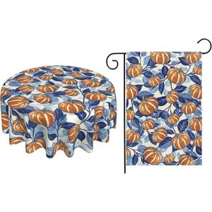 Blue Burnt Orange Fall Tablecloth Round 60 Inch and Fall Garden Flag 12x18 Inch Autumn Harvest Thanksgiving Day Holiday Seasonal Farmhouse for Indoor Outside Party Kitchen Home Decor