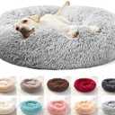 Original Calming Donut Dog and Cat Bed in Shag Fur, Dog Beds for Large Dogs, Anti Anxiety Round Fluffy Plush Faux Fur Pet Bed (Light Grey, 40x40)