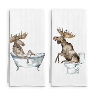 FSTCSV Funny Moose Decor Hand Towels Set of 2, Moose Gifts for Kids Women Hand Towel, Winter Cabin Forest Animal Decorative Towels for Bathroom, Funny MooseLovers Kids Bathroom Decor, 16x24in