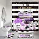 Cinbloo 4Pcs Black and Purple Shower Curtain Set,High Heels Perfume Striped Bathroom Curtain with Rug, Toilet Lid Cover, Bath Mat, Modern Floral Flower Magazine Books Shower Curtain with 12 Hooks, 72"W x 72"L (Pack of 4)